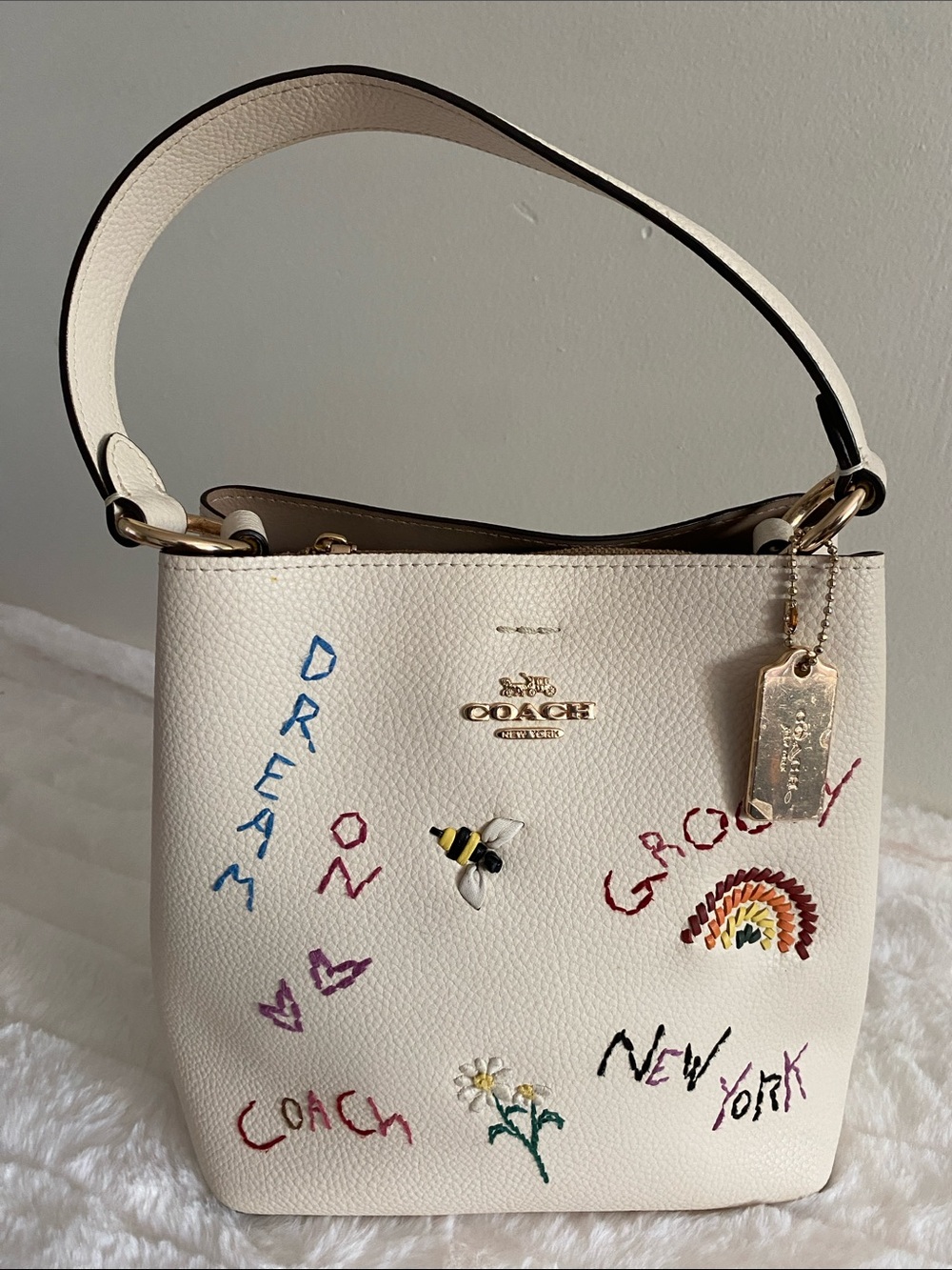 Coach C8282 Small Town Bucket Bag w/ Diary Embroidery in Leather Chalk Multi